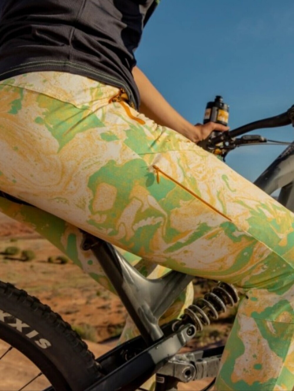 Pit Viper MTB Light Green & Orange Marble-Print Biking Pants - Size Small